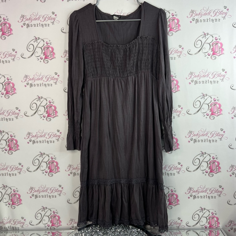 VENUS Long Sleeve Dress lace details ruffle puff shoulder Charcoal grey gray